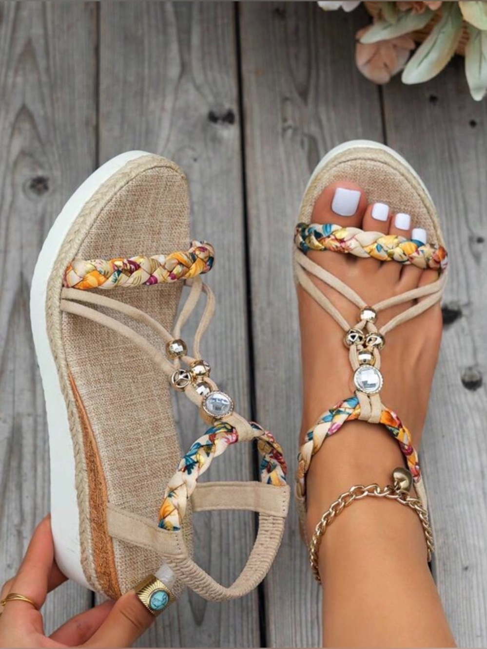 Beige Braided T-Strap Sandals with Multicolor Accents